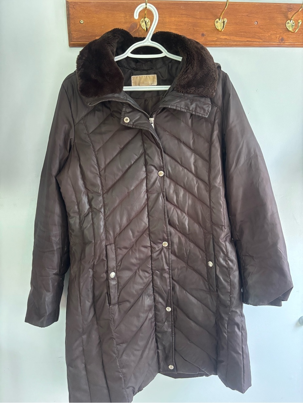 Michael Kors Brown Quilted down filled Puffer Coat with Faux Fur removableCollar